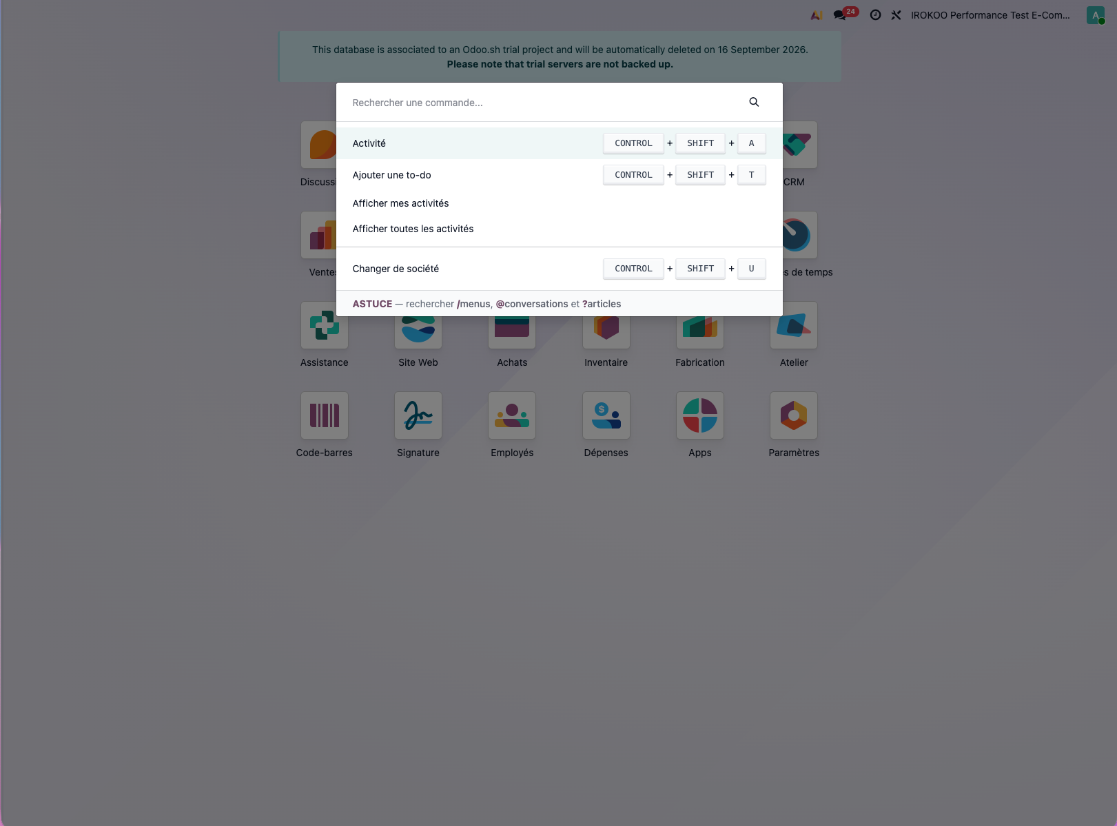 Palette de commandes ouverte