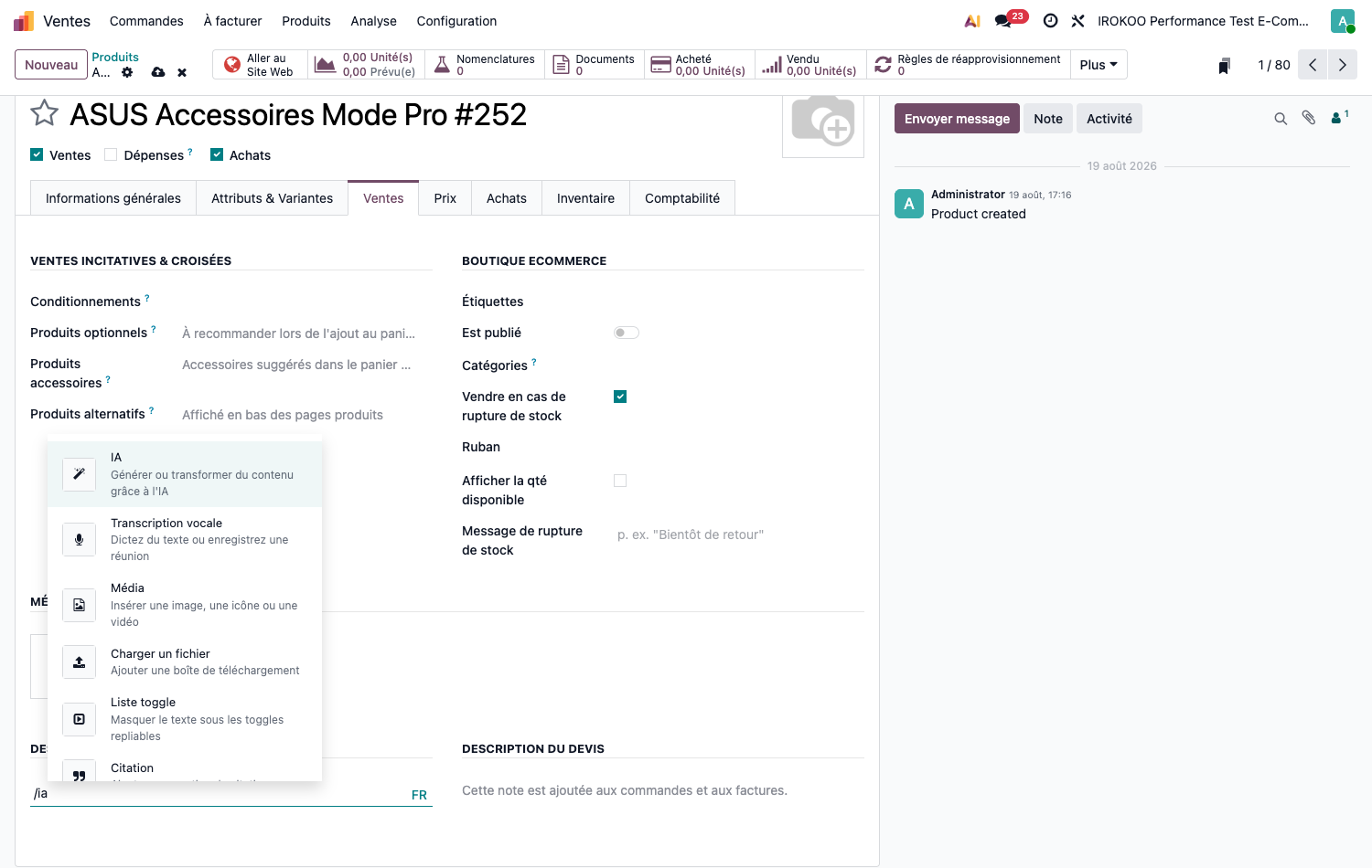 Champ IA générant une description produit