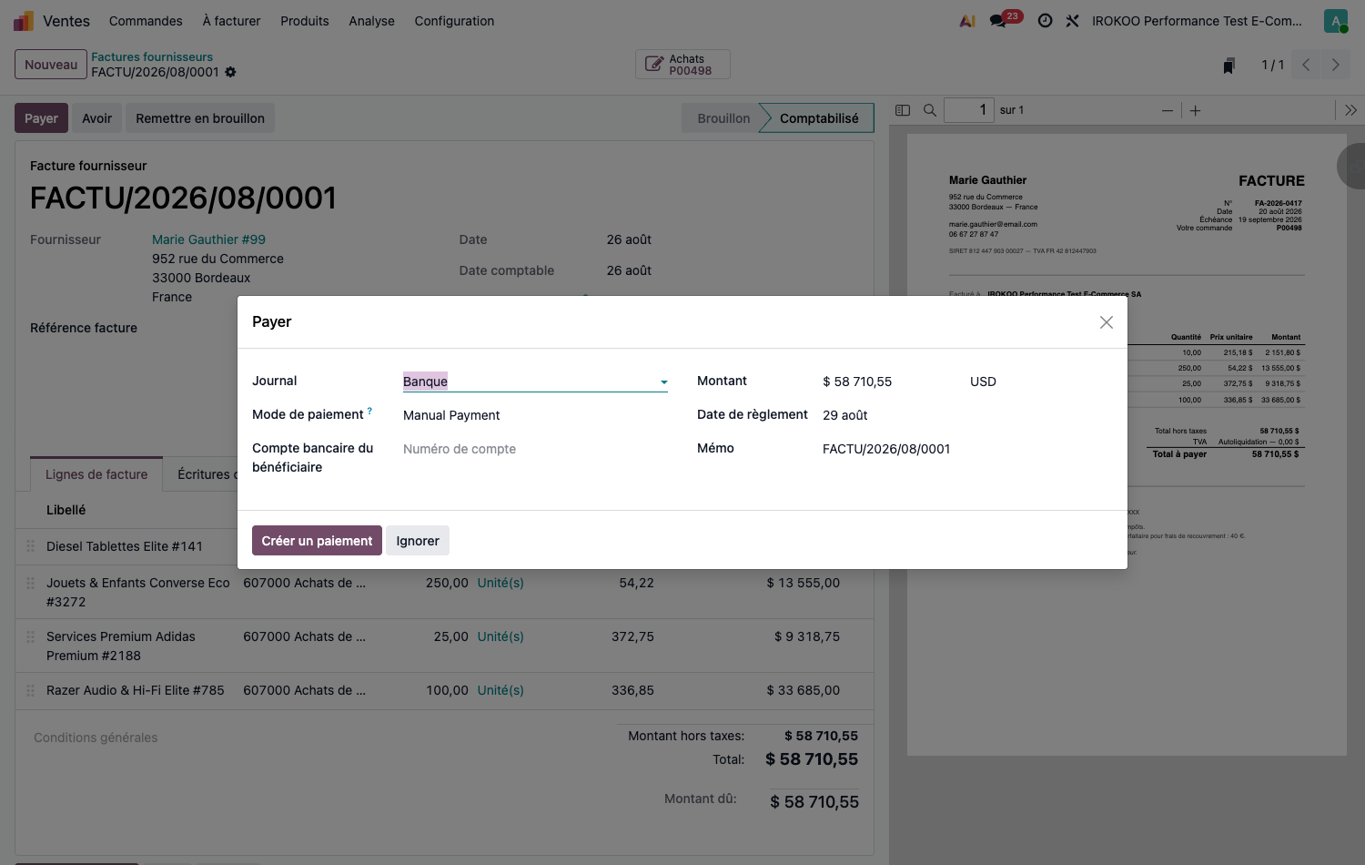 Enregistrement d'un paiement client