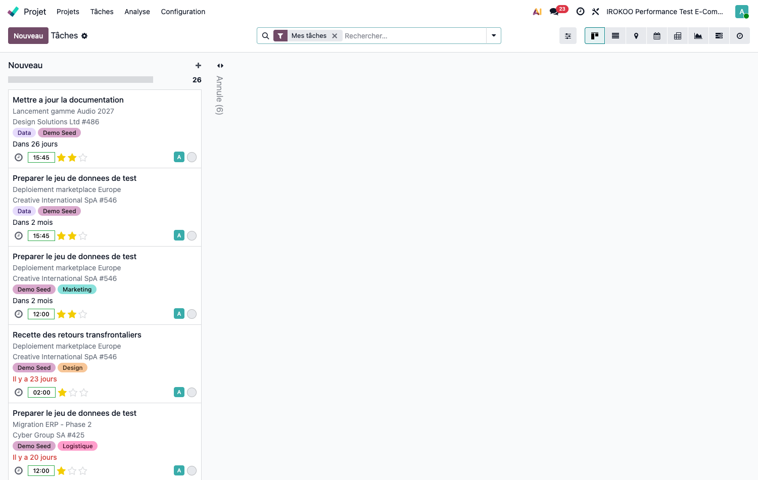 Tâches d'un projet en vue kanban