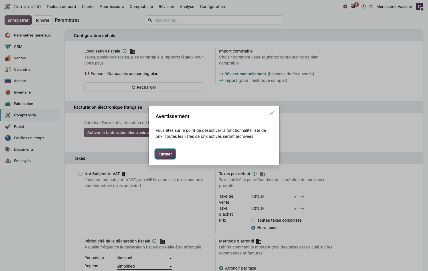 Choix du pack de localisation fiscale