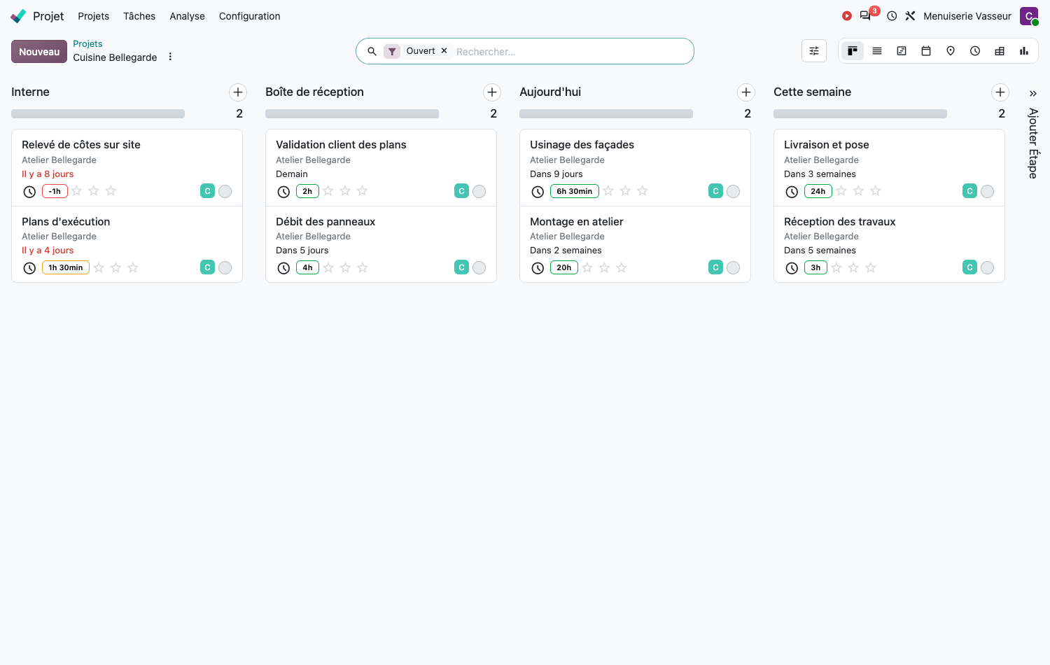 Tâches d'un projet en vue kanban