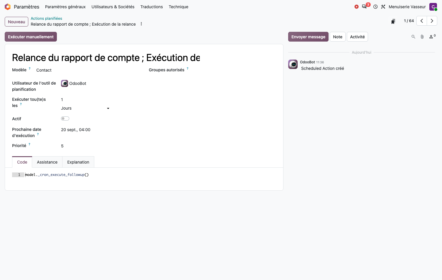 Formulaire d'une action planifiée