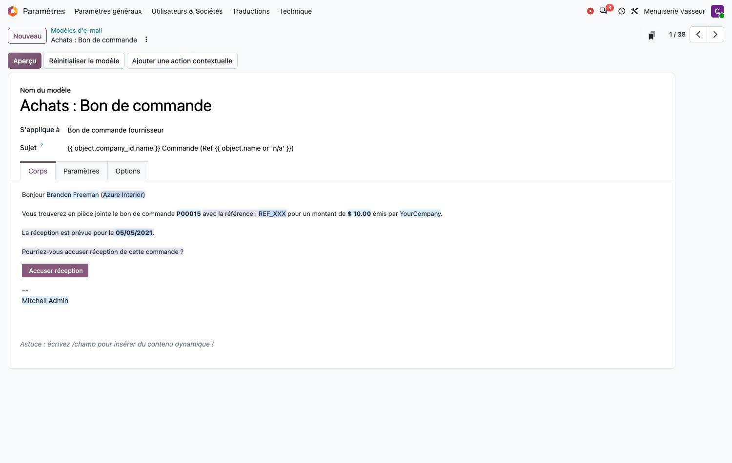 Modèle d'e-mail et son onglet Corps