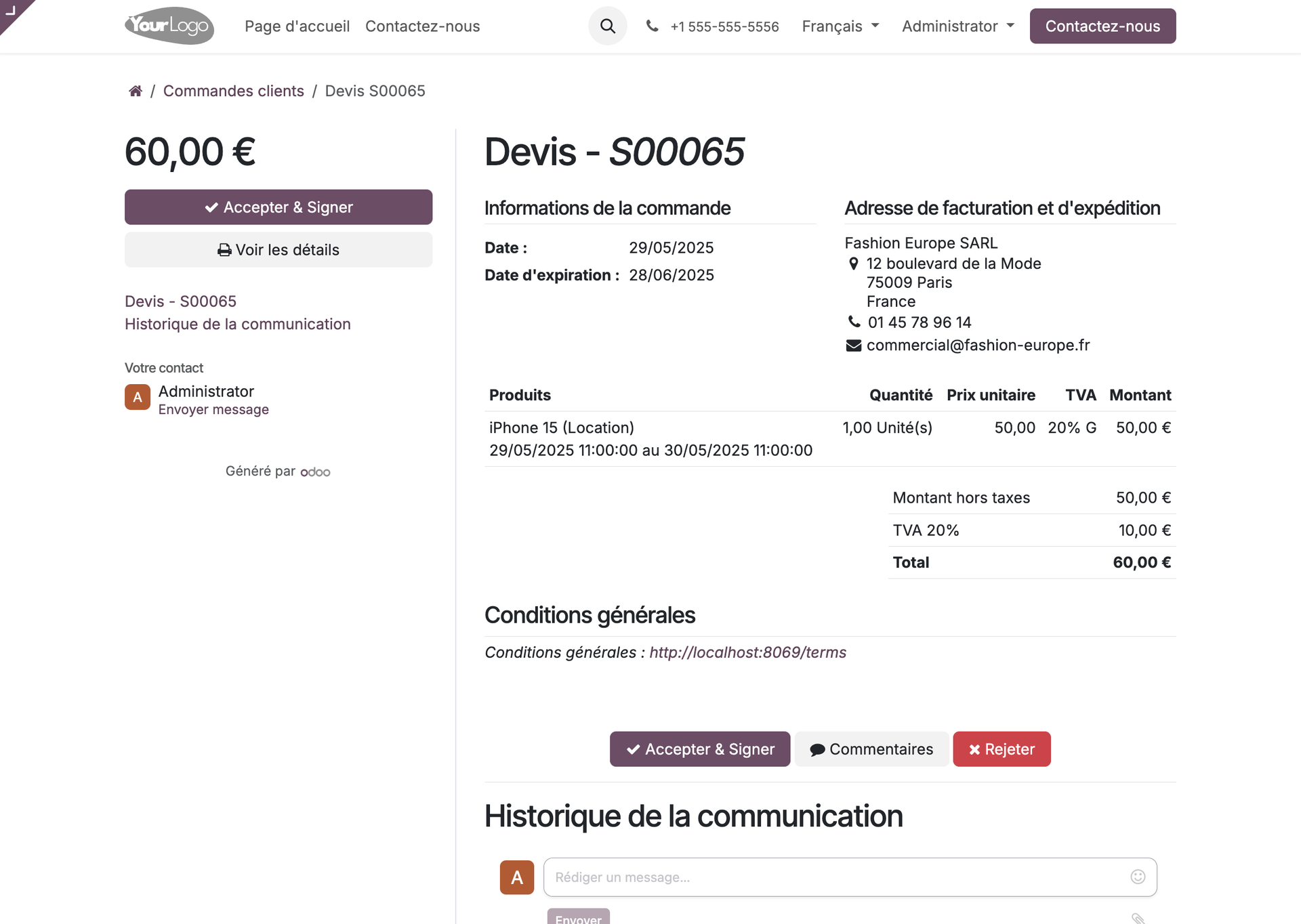 Vue du devis dans le portail client