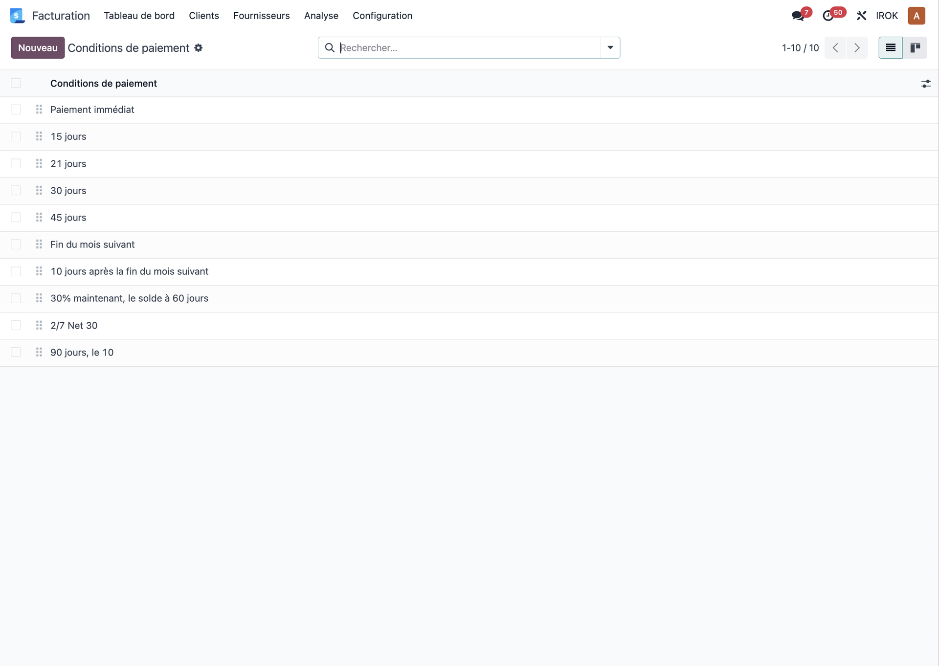 Configuration des conditions de paiement