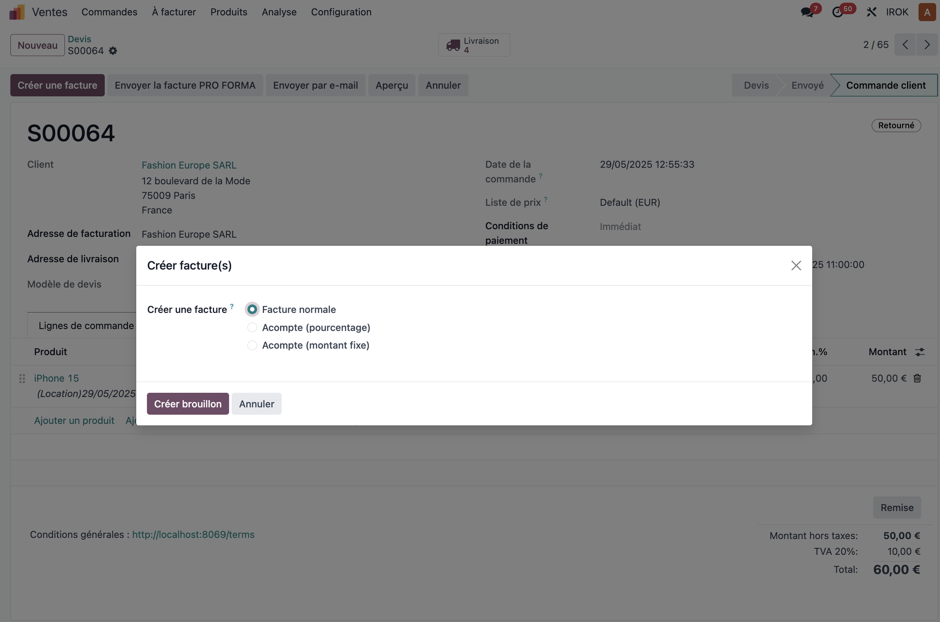 Création d’une facture à partir d’une commande client