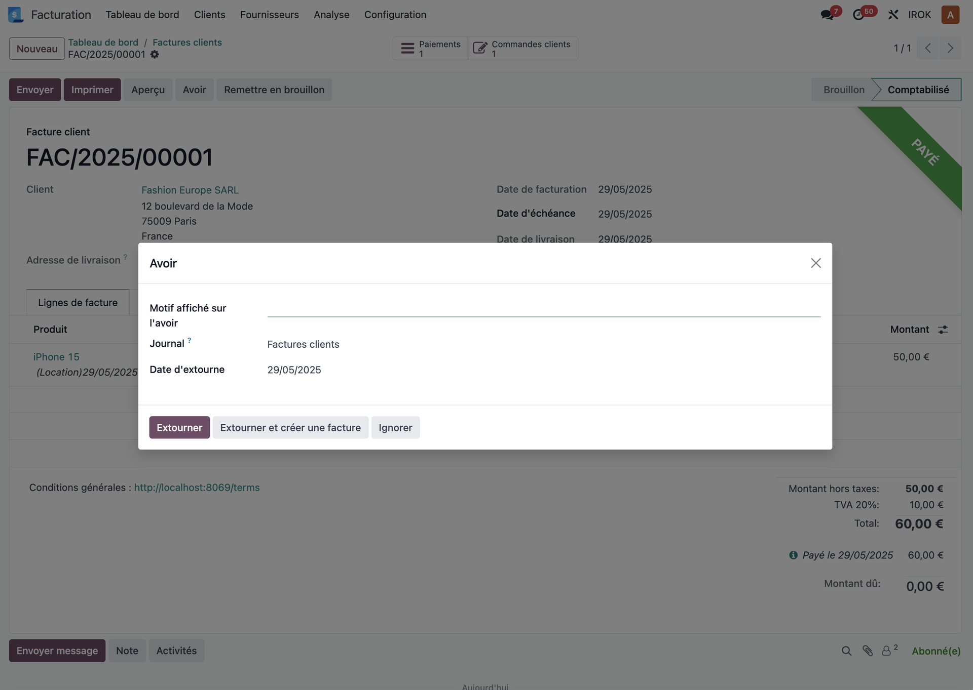 Création d’un avoir client