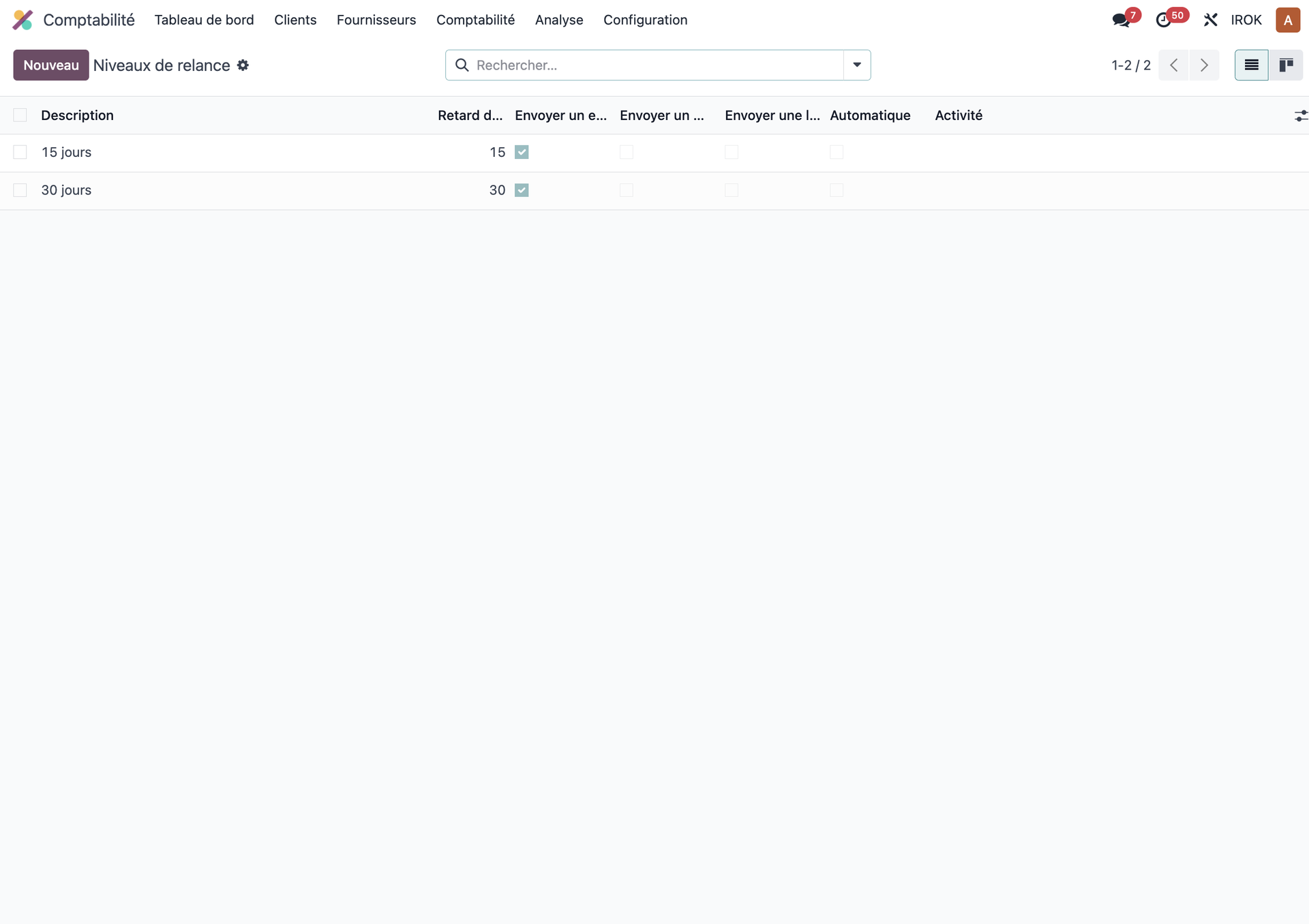 Configuration des niveaux de relance client