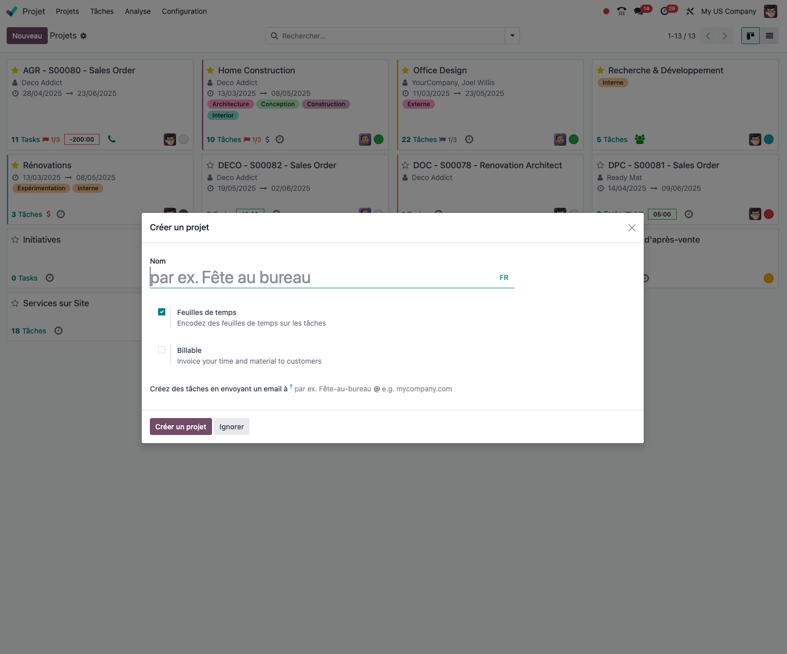 Interface de création de projet